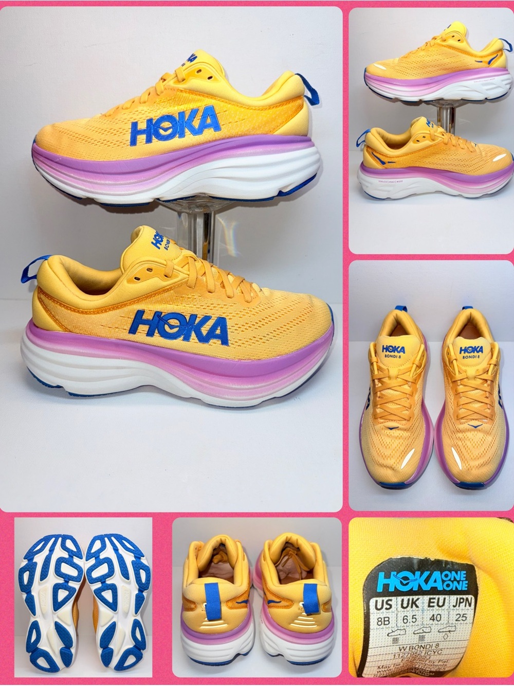 HOKA BONDI 8 Yellow Sneakers with Blue Logo and Purple Midsole